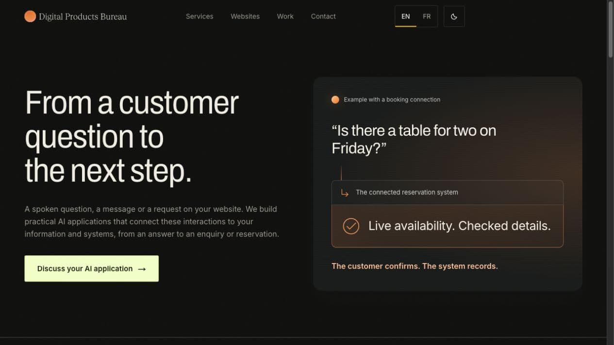 Current DPB AI application service page, illustrating an enquiry and booking confirmation flow