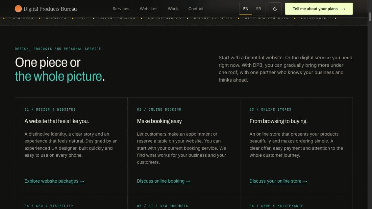 Current Digital Products Bureau service overview, showing website design, online booking and online stores